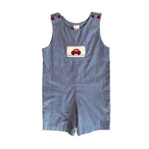 4T Smocked Giraffe Blue and White Gingham Jon Jon Red Car